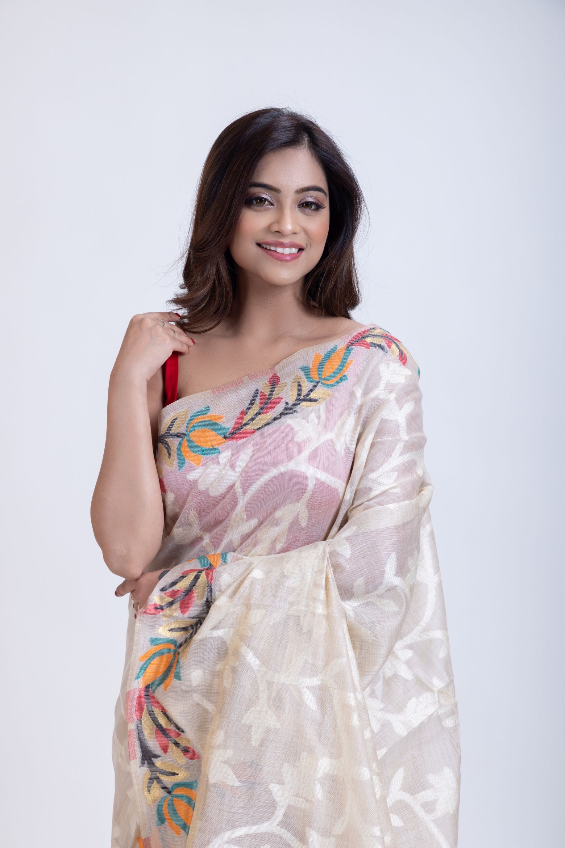 White Jacquard Multicolor Floral Weave Handloom Jamdani  Close Up
