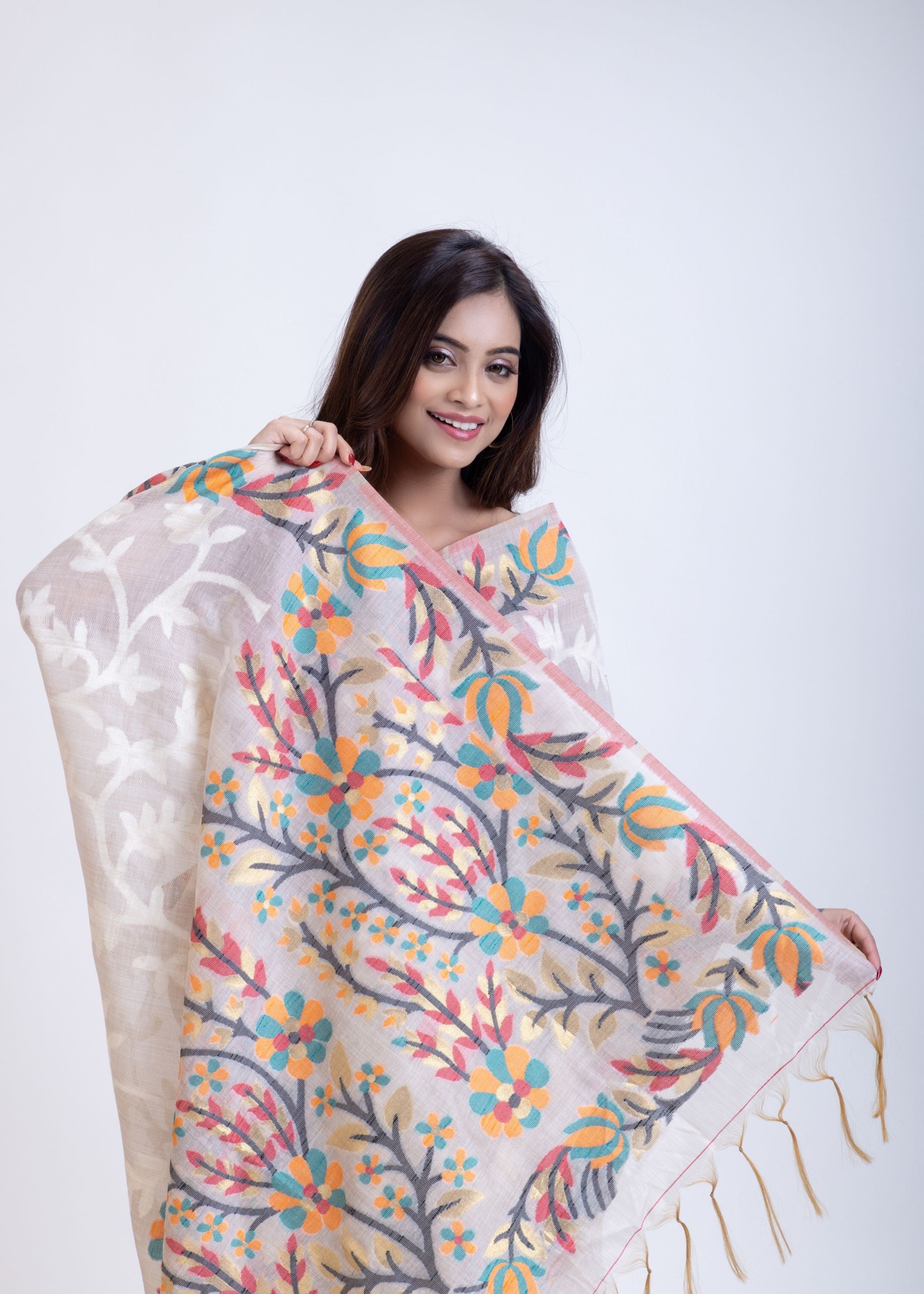 White Jacquard Multicolor Floral Weave Handloom Jamdani  Front
