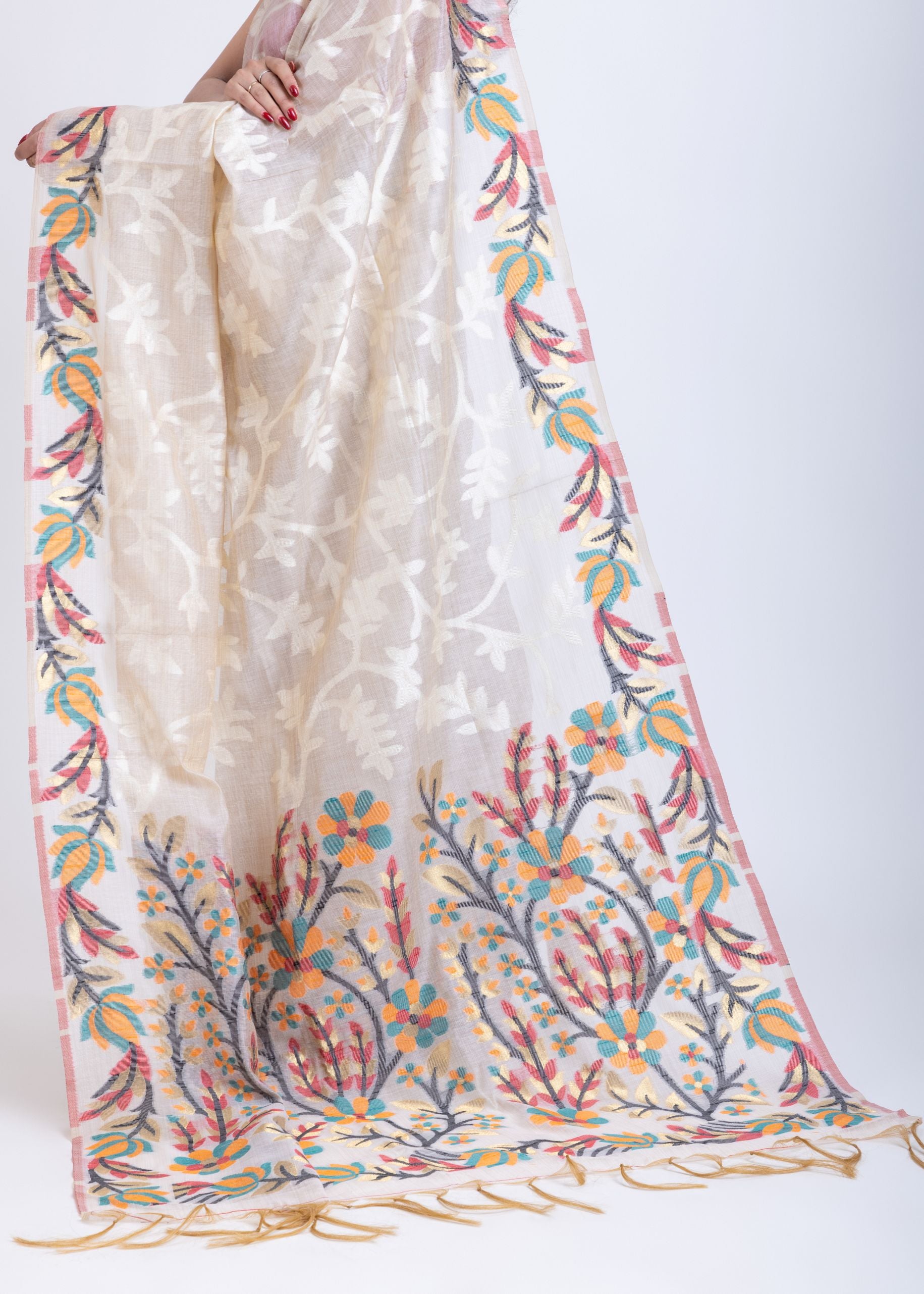 White Jacquard Multicolor Floral Weave Handloom Jamdani  Back
