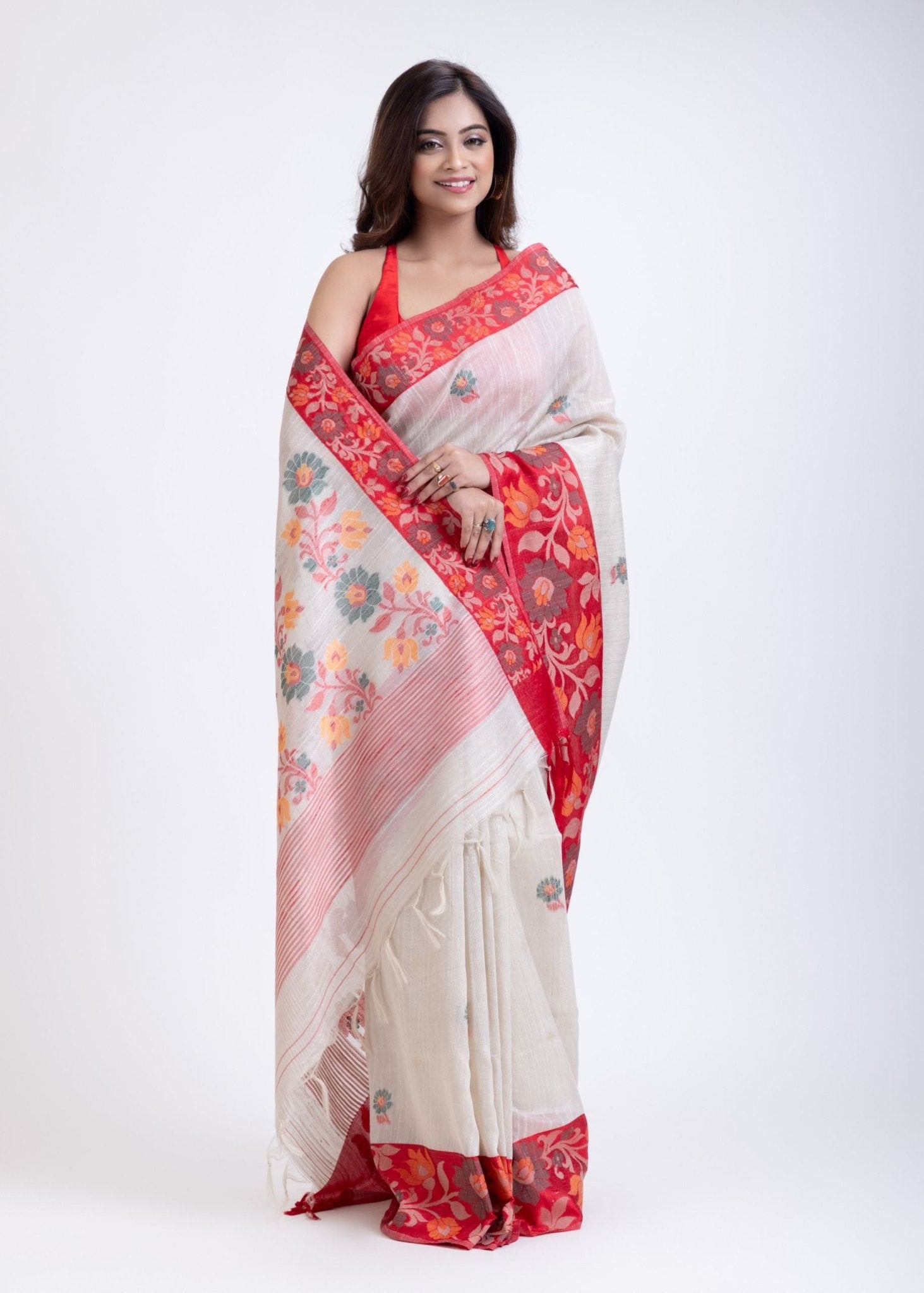 White Jamdani Saree Red Border - Anvi Couture