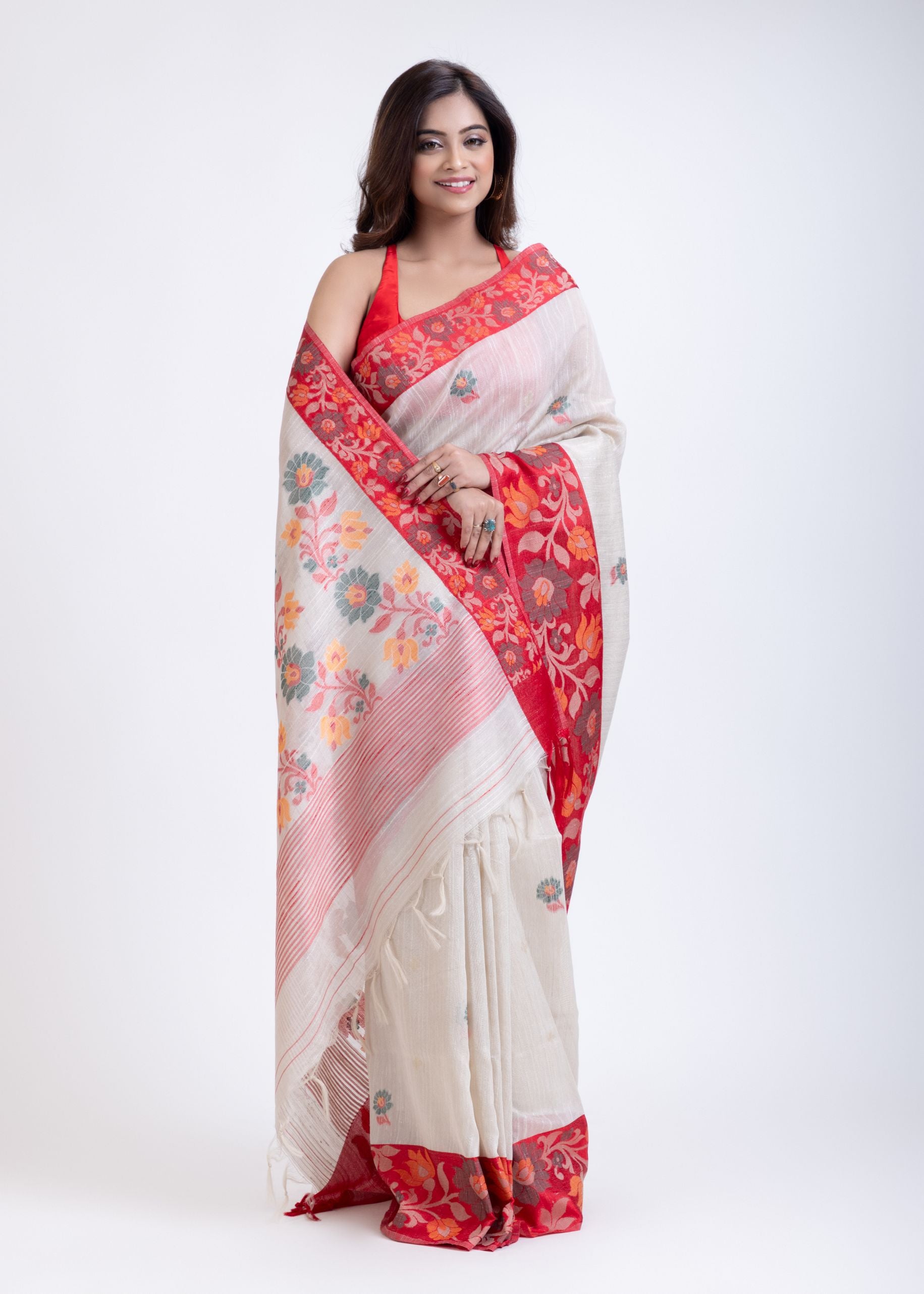 White Jamdani Saree Red Border Full
