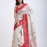 White Jamdani Saree Red Border Front
