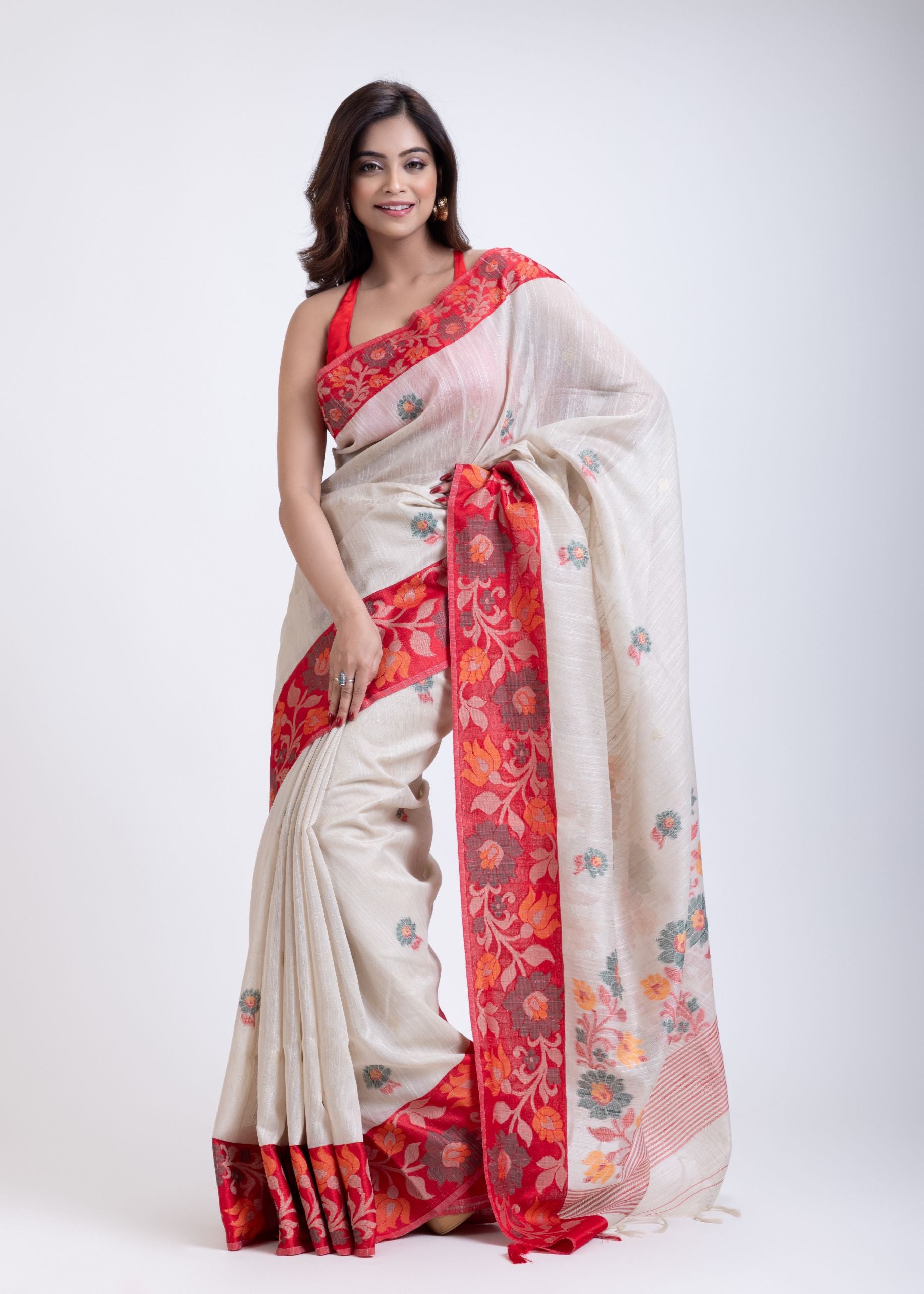 White Jamdani Saree Red Border Front
