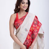 White Jamdani Saree Red Border Close Up
