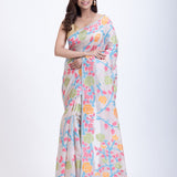 White Jamdani Saree With Multicolor Floral Weave image 2
