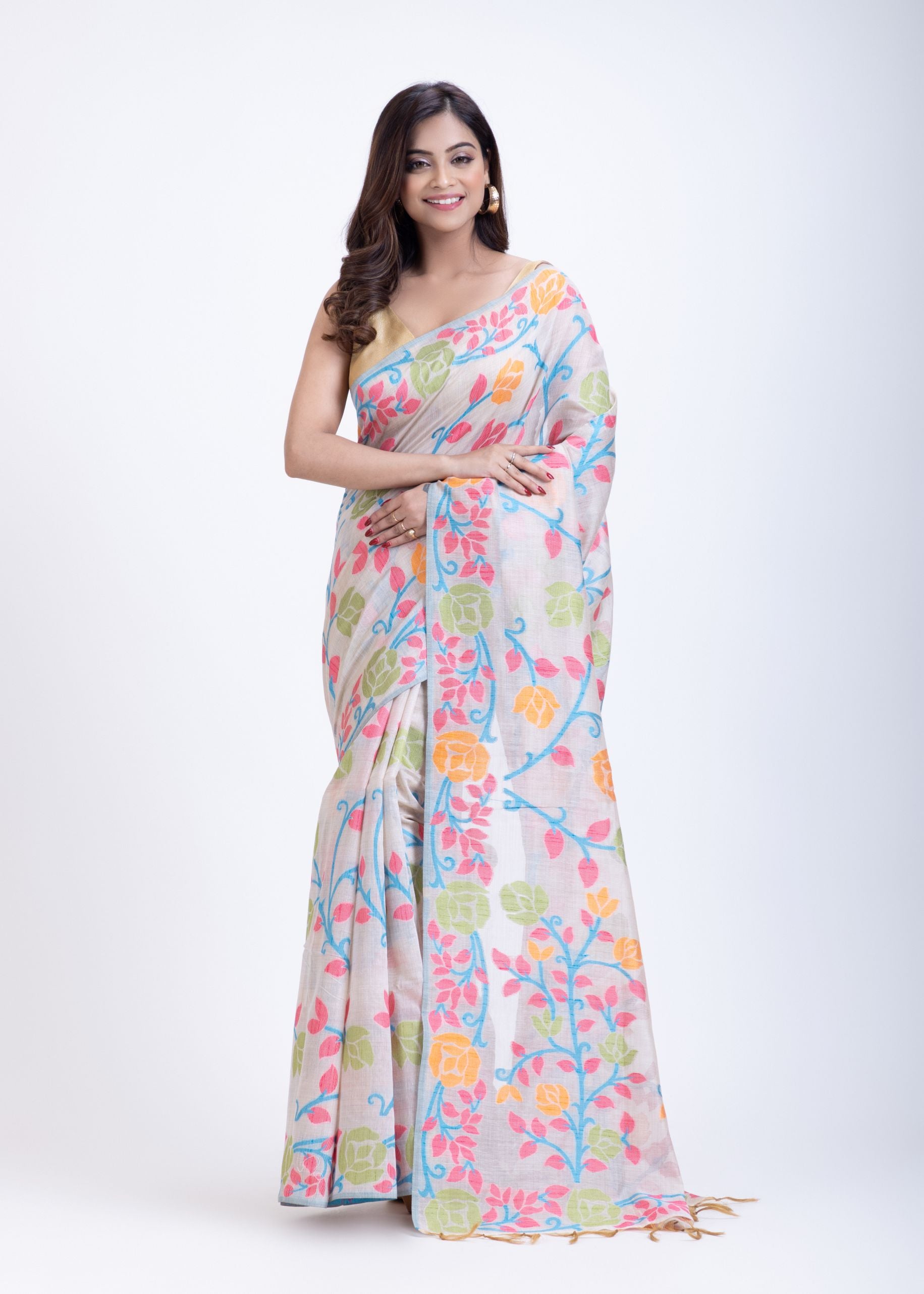 White Jamdani Saree With Multicolor Floral Weave image 2
