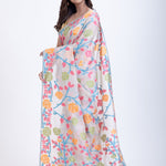 White Jamdani Saree With Multicolor Floral Weave Front
