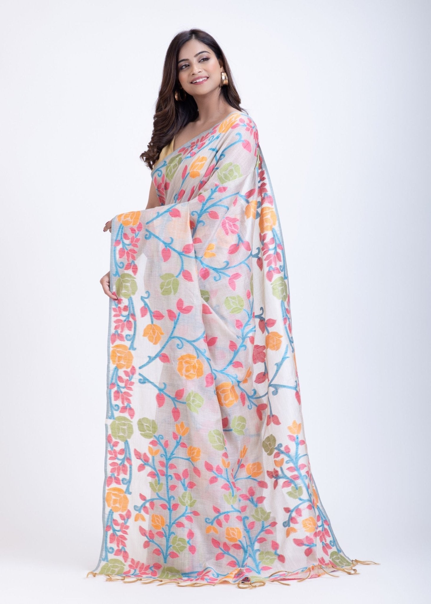 White Jamdani Saree With Multicolor Floral Weave - Anvi Couture
