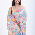 White Jamdani Saree With Multicolor Floral Weave Close Up
