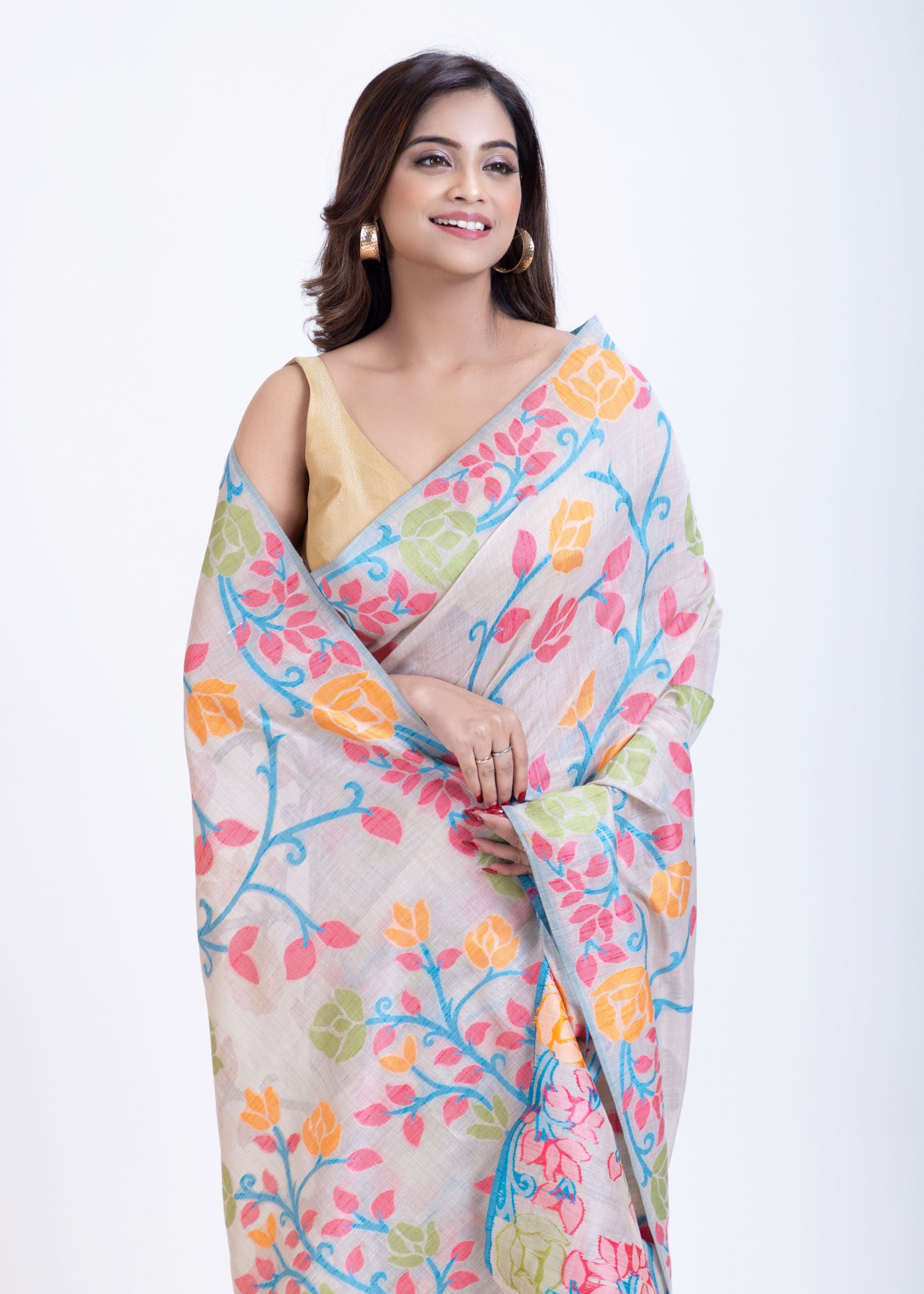White Jamdani Saree With Multicolor Floral Weave Close Up
