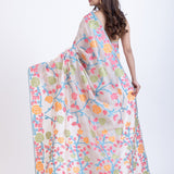 White Jamdani Saree With Multicolor Floral Weave Back
