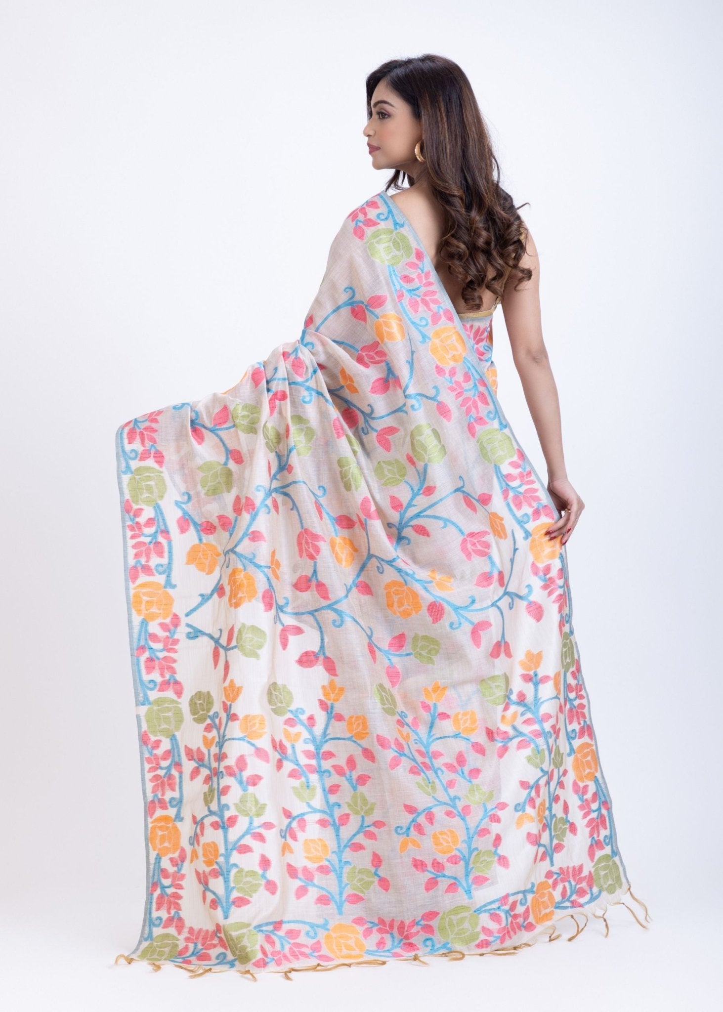 White Jamdani Saree With Multicolor Floral Weave - Anvi Couture
