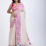 White Jamdani Saree with Pink Floral Woven Design Full
