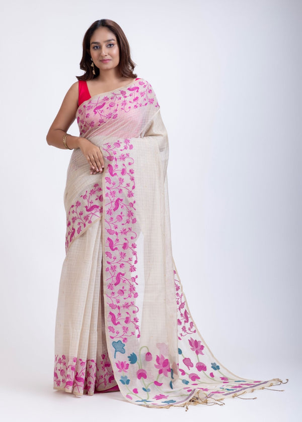 White Jamdani Saree with Pink Floral Woven Design - Anvi Couture