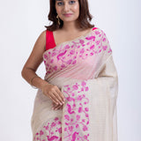White Jamdani Saree with Pink Floral Woven Design Close Up
