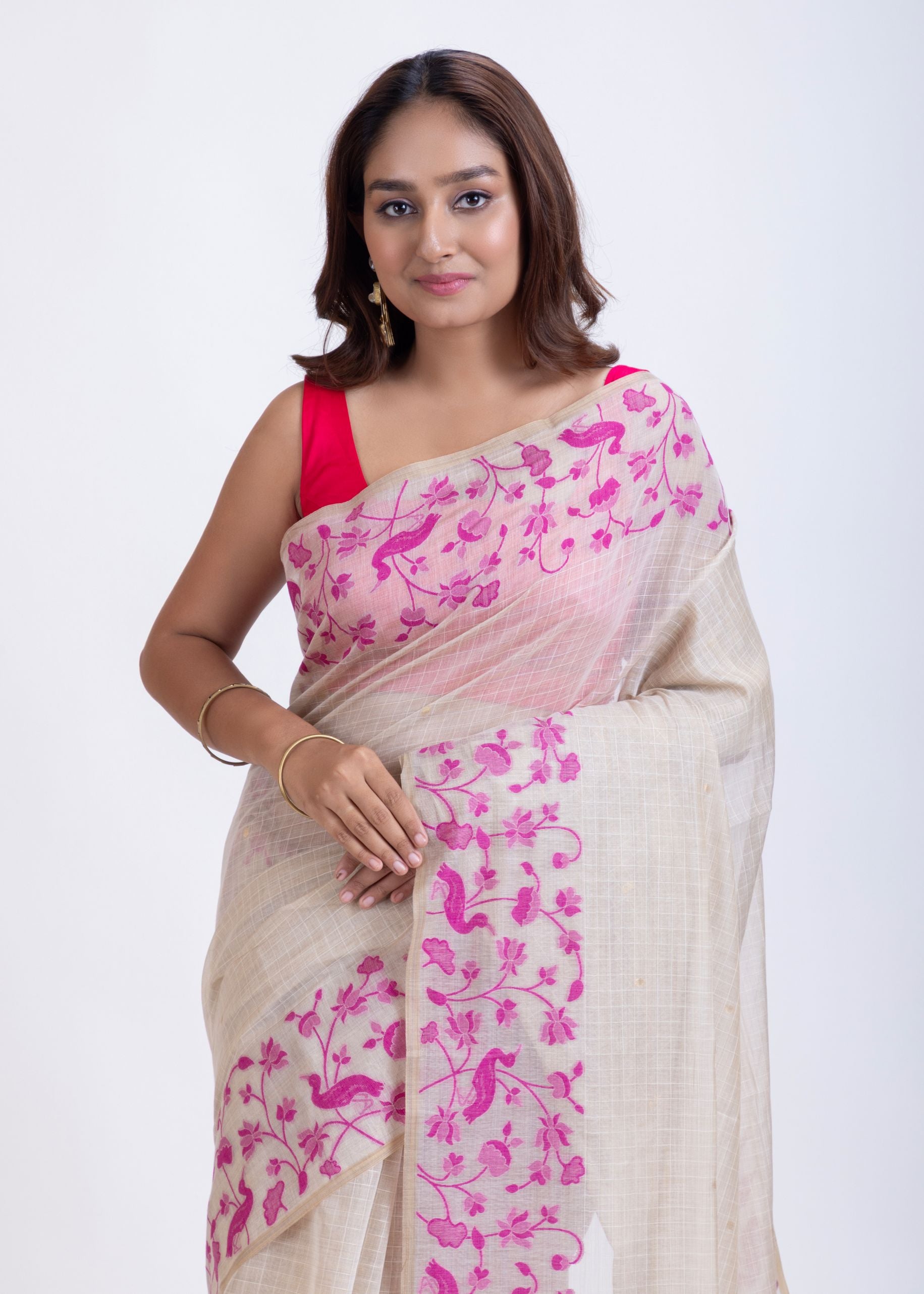 White Jamdani Saree with Pink Floral Woven Design Close Up
