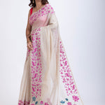  White Jamdani Saree with Pink Floral Woven Design Back
