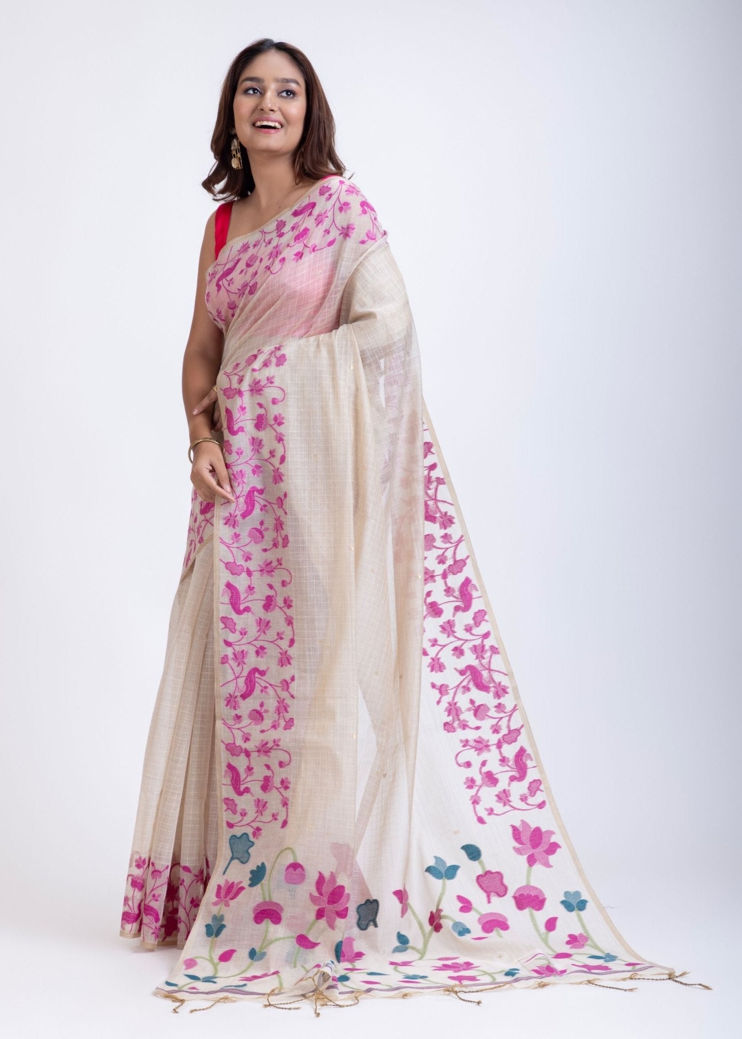 White Jamdani Saree with Pink Floral Woven Design - Anvi Couture