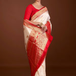 White Katan Silk Saree – Contrasting Red Border with Gold Zari Detail – Anvi Couture