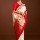 White Katan Silk Saree – Contrasting Red Border with Gold Zari Detail – Anvi Couture