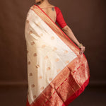 White Katan Silk Saree with Contrasting Red Border and Gold Zari Work - Anvi Couture