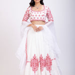 White Lehenga With Red Floral Embroidery and Ruffle Dupatta Full
