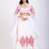 White Lehenga With Red Floral Embroidery and Ruffle Dupatta Full