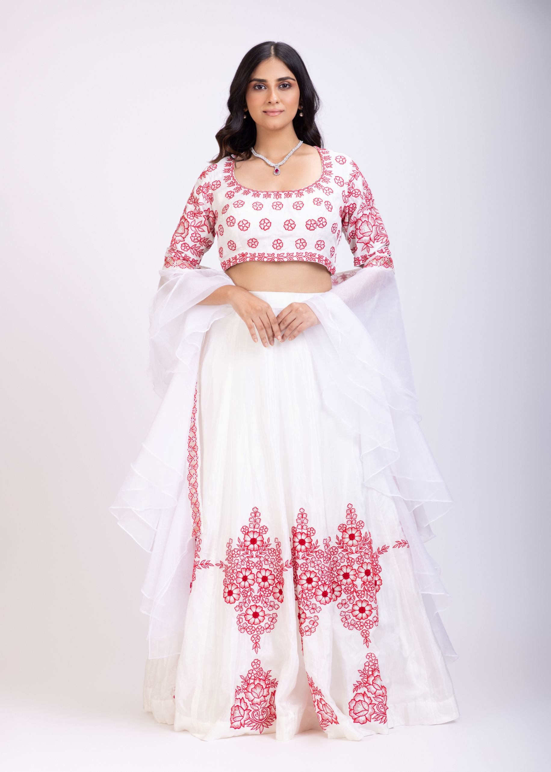White Lehenga With Red Floral Embroidery and Ruffle Dupatta Full