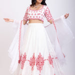 White Lehenga With Red Floral Embroidery and Ruffle Dupatta Front