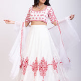 White Lehenga With Red Floral Embroidery and Ruffle Dupatta Front