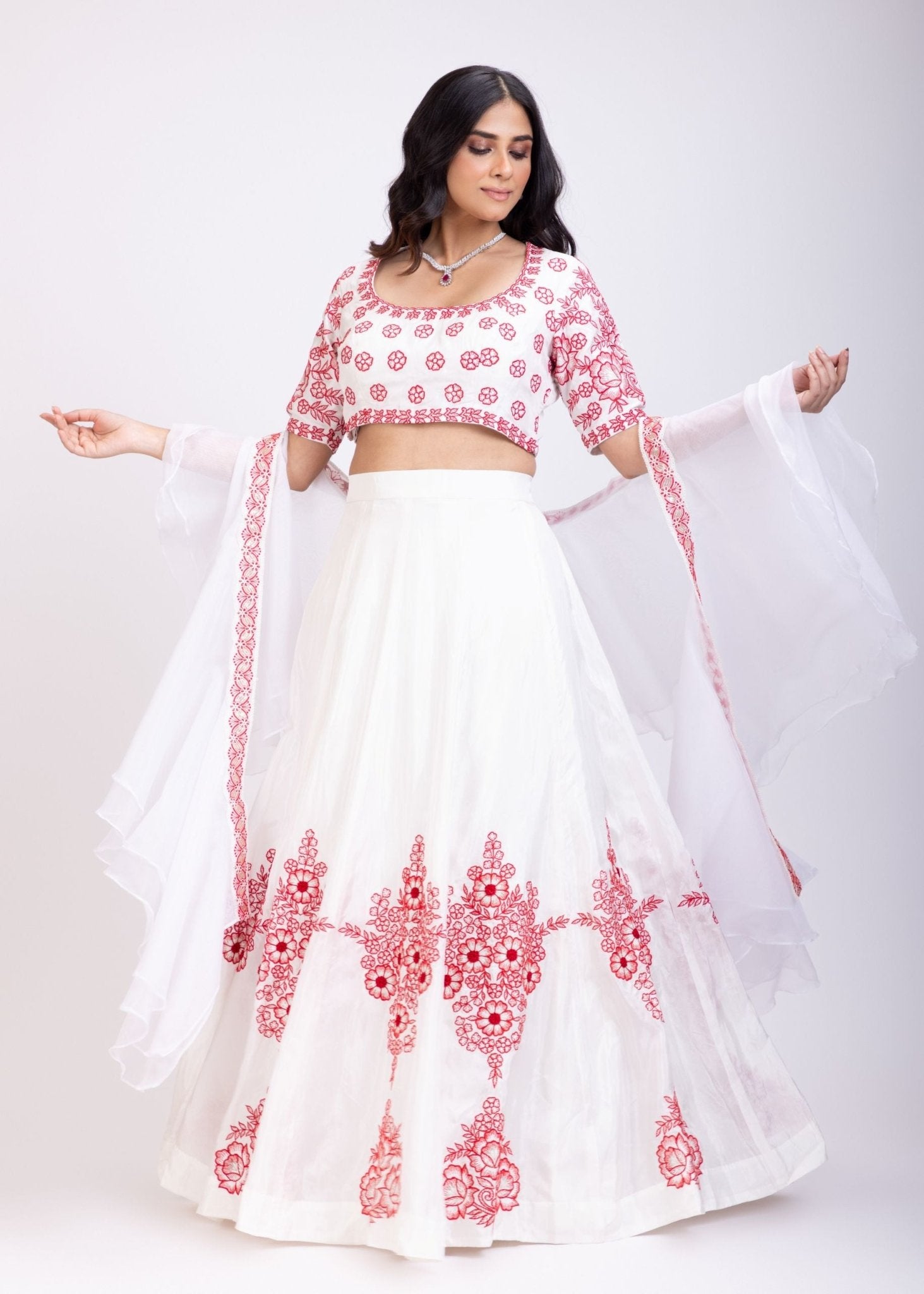 White Lehenga With Red Floral Embroidery and Ruffle Dupatta - Anvi Couture