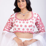 White Lehenga With Red Floral Embroidery and Ruffle Dupatta Close Up