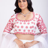 White Lehenga With Red Floral Embroidery and Ruffle Dupatta Close Up