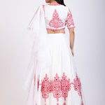 White Lehenga With Red Floral Embroidery and Ruffle Dupatta Back