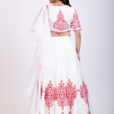 White Lehenga With Red Floral Embroidery and Ruffle Dupatta Back