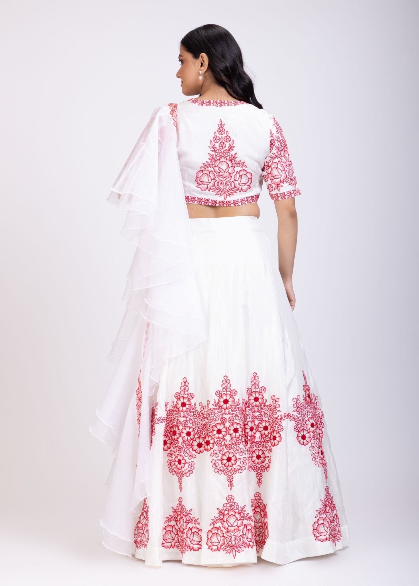 White Lehenga With Red Floral Embroidery and Ruffle Dupatta - Anvi Couture