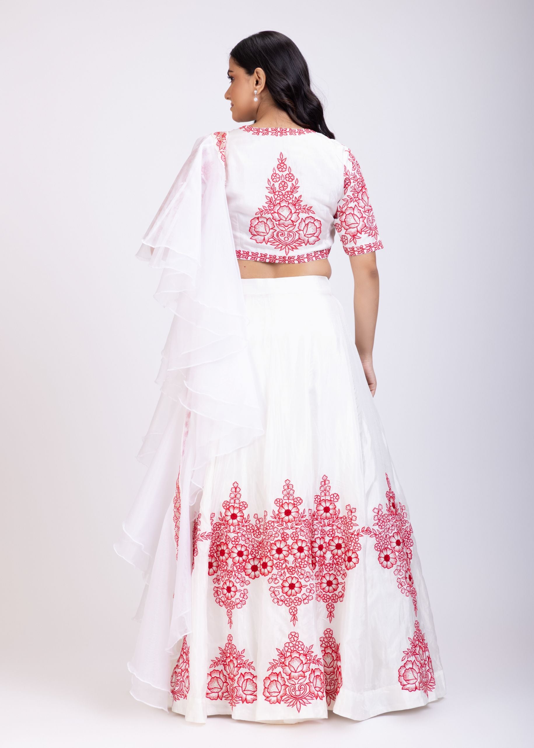 White Lehenga With Red Floral Embroidery and Ruffle Dupatta Back