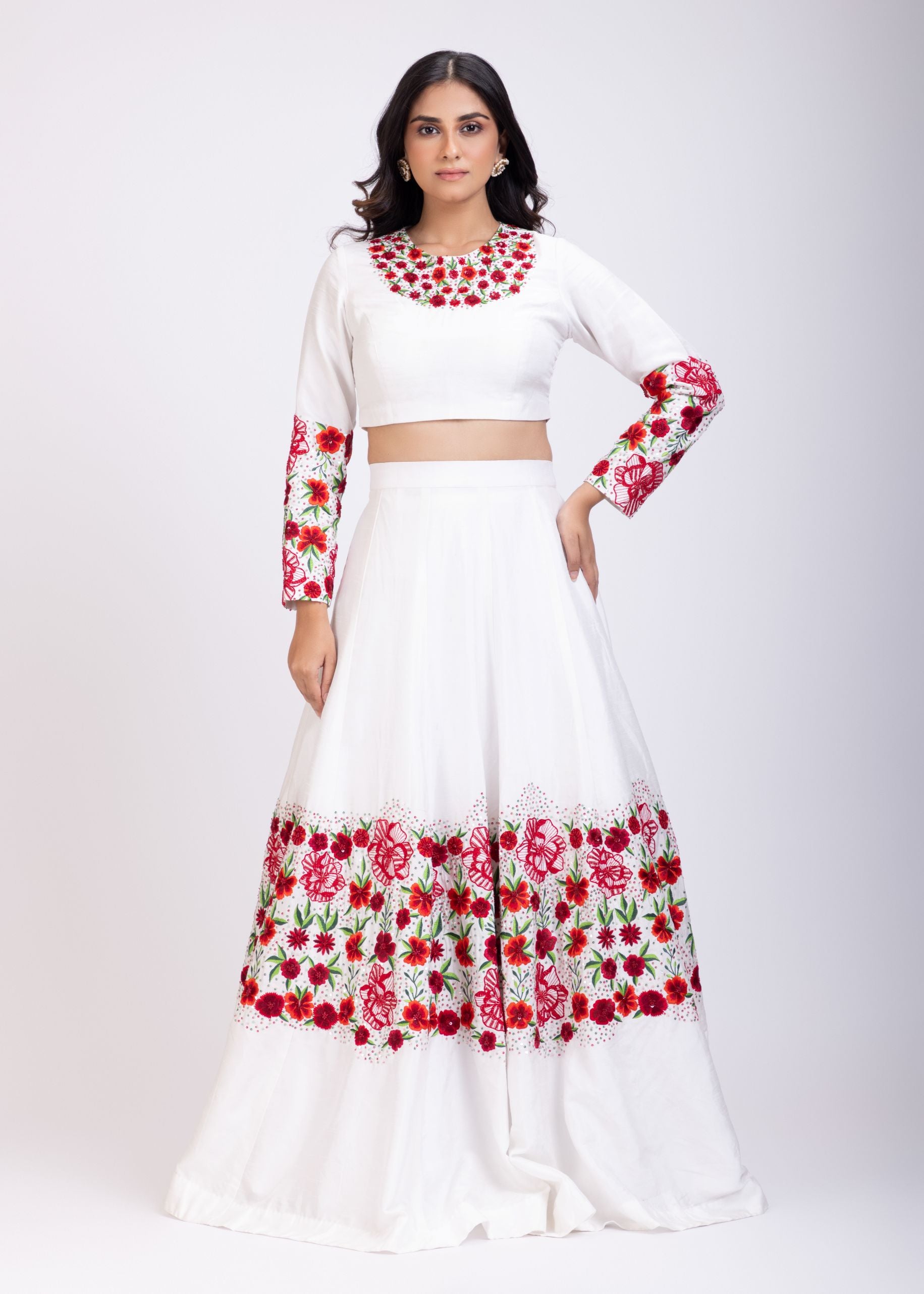 White Lehenga with Embroidered Floral designs Full