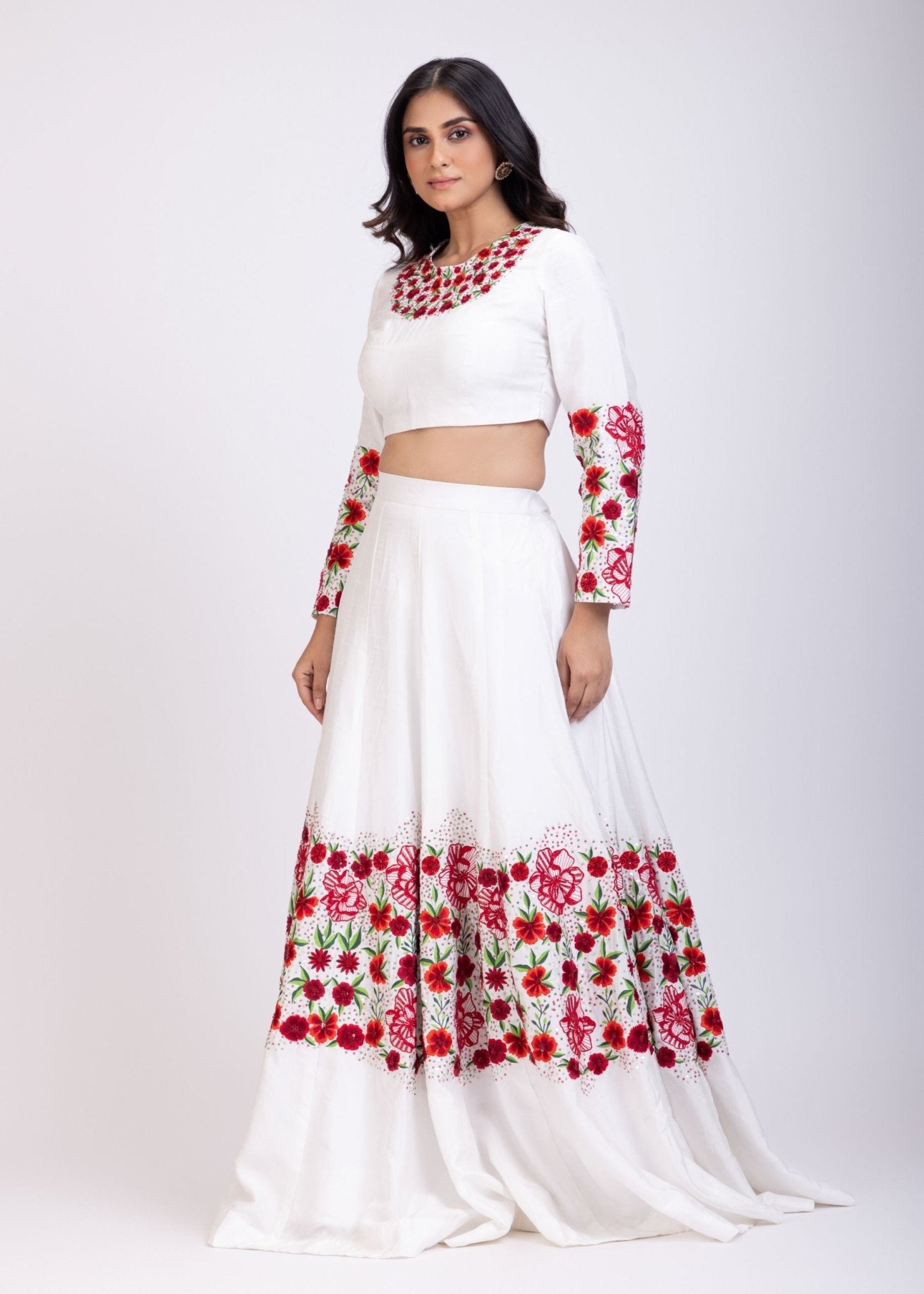 White Lehenga with Embroidered Floral designs - Anvi Couture