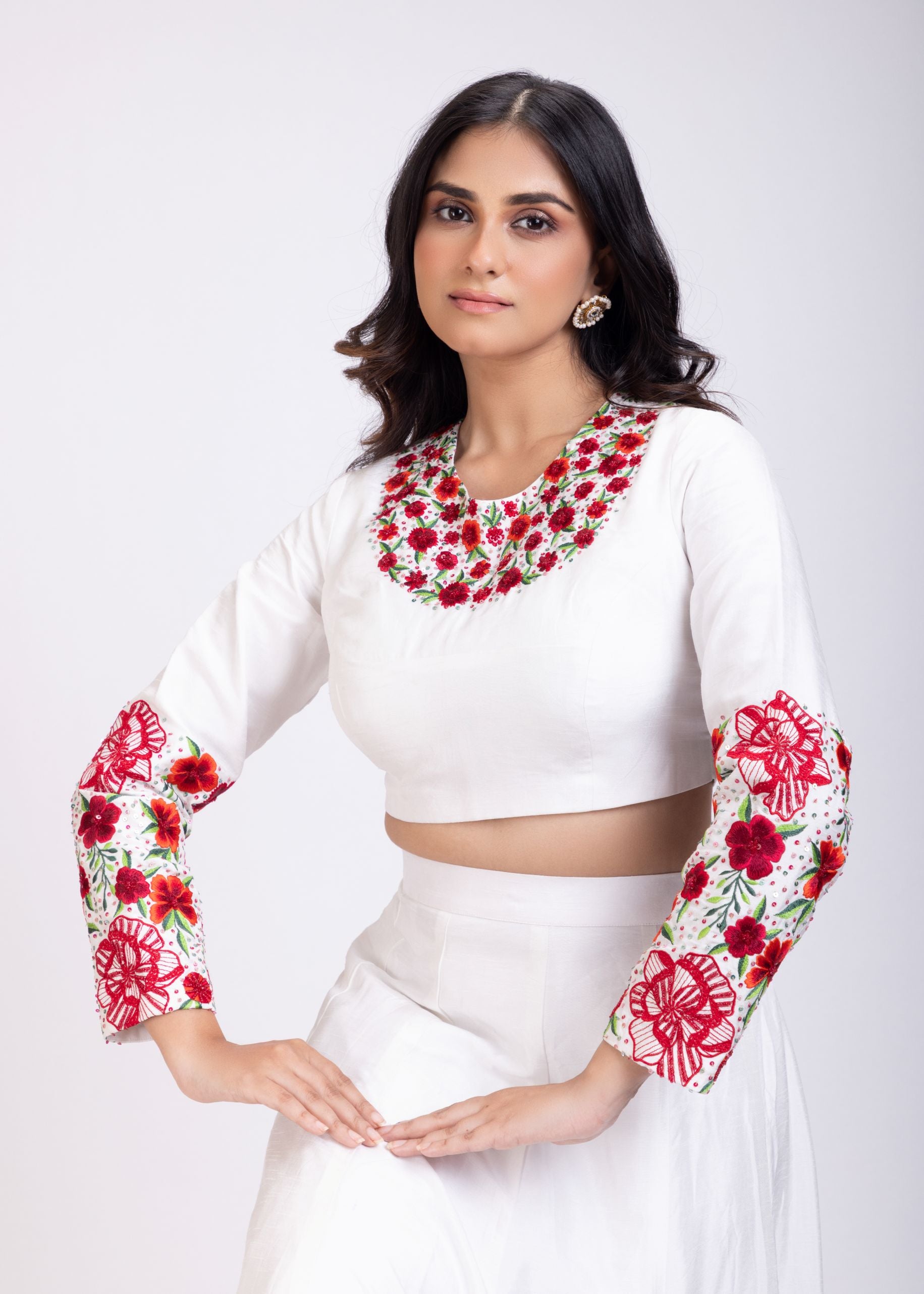 White Lehenga with Embroidered Floral designs Close Up