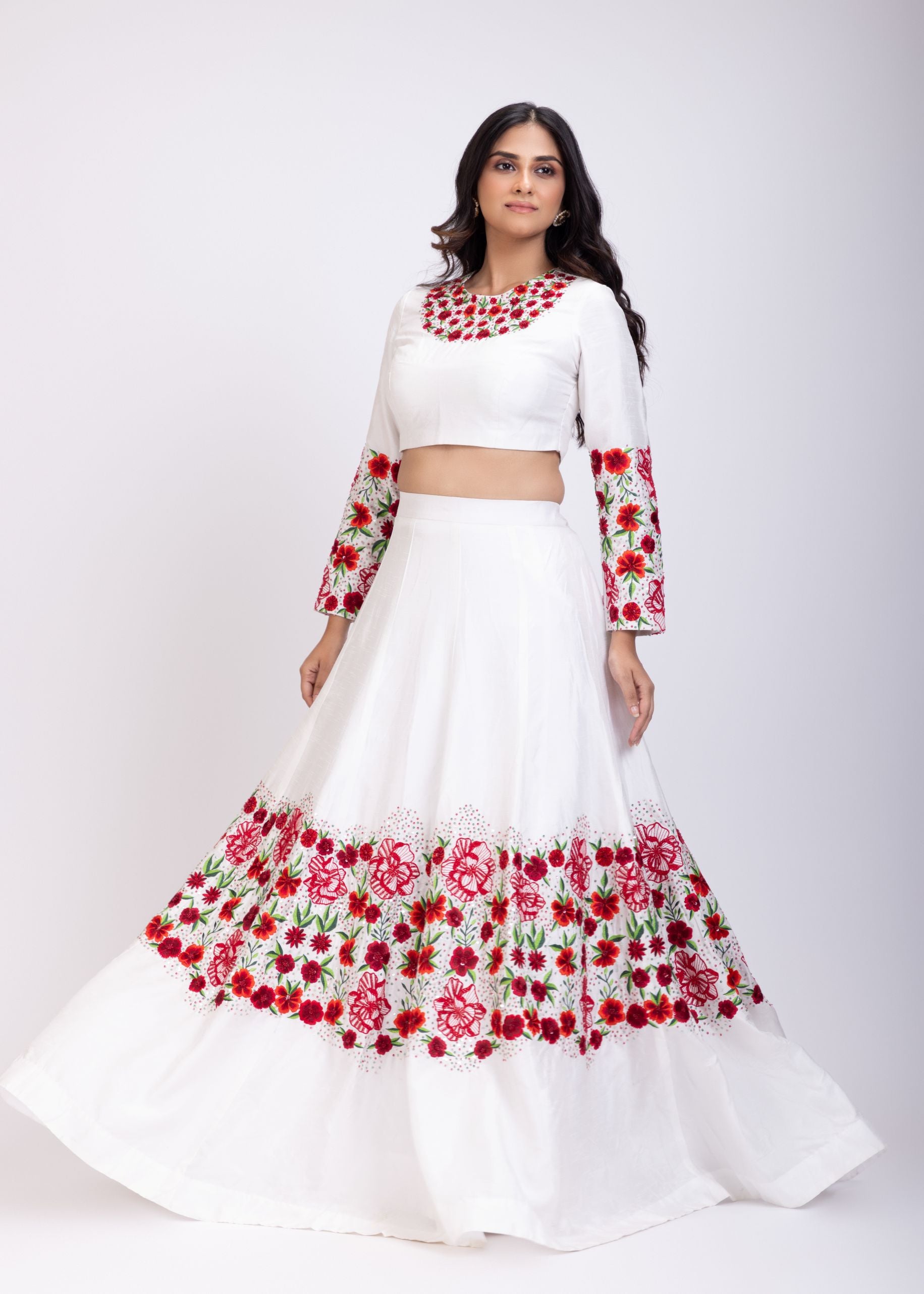 White Lehenga with Embroidered Floral designs Front