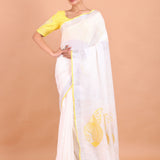 White Linen Saree with Yellow Border and Embroidery Work Front view