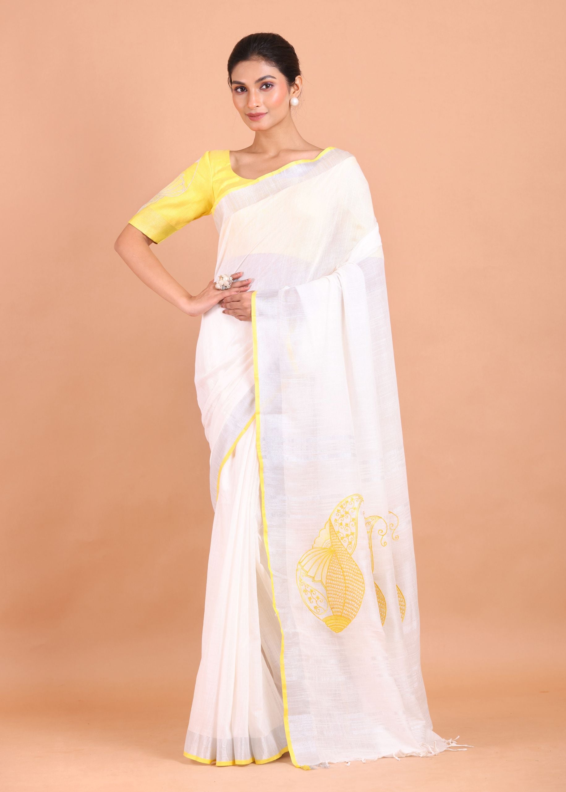 White Linen Saree with Yellow Border and Embroidery Work Front view