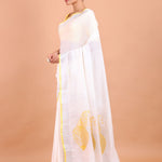 White Linen Saree with Yellow Border and Embroidery Work Side View
