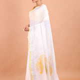 White Linen Saree with Yellow Border and Embroidery Work Side View