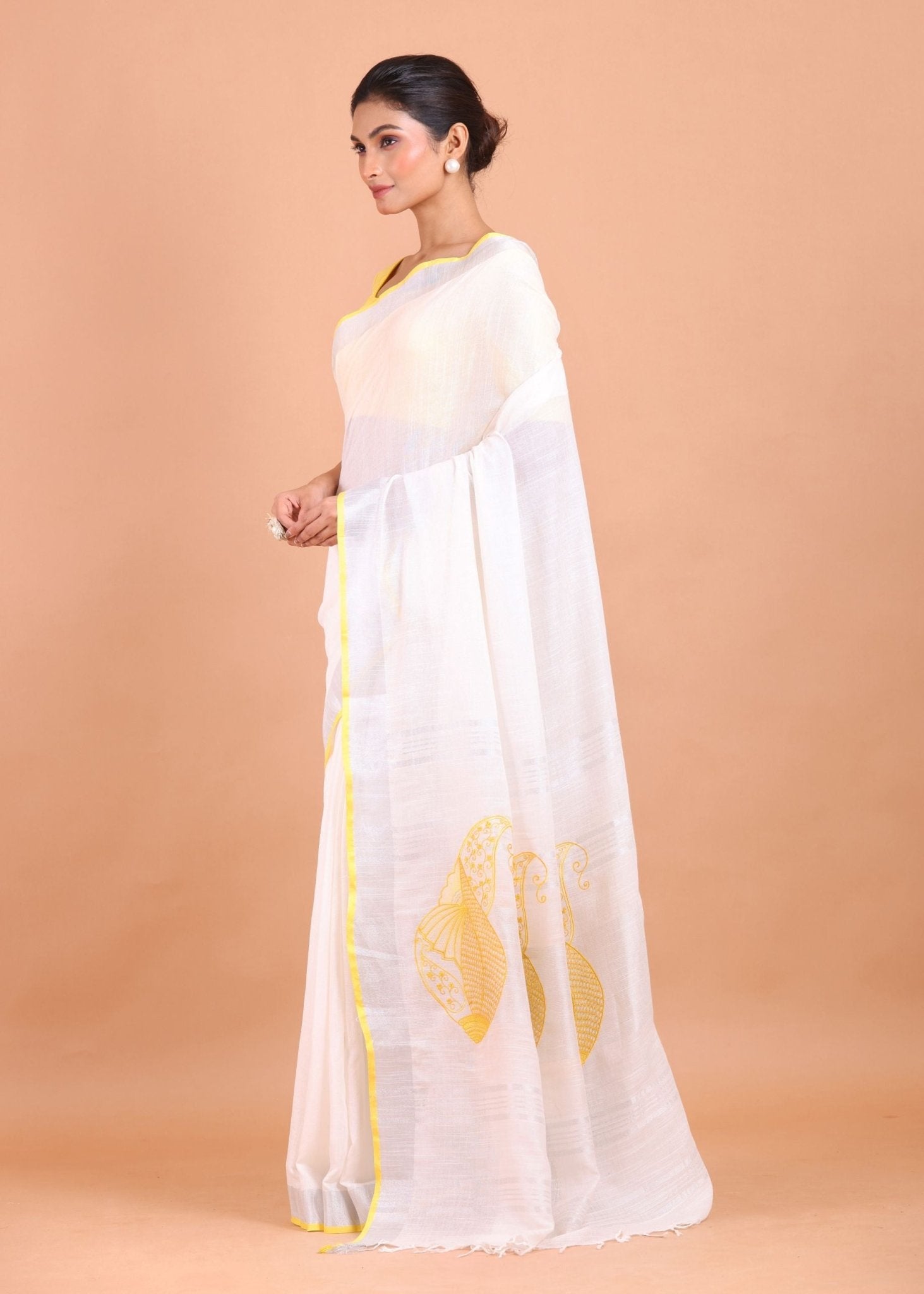 White Linen Saree with Yellow Border and Embroidery Work - Anvi Couture