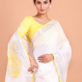 White Linen Saree with Yellow Border and Embroidery Work Close Up View