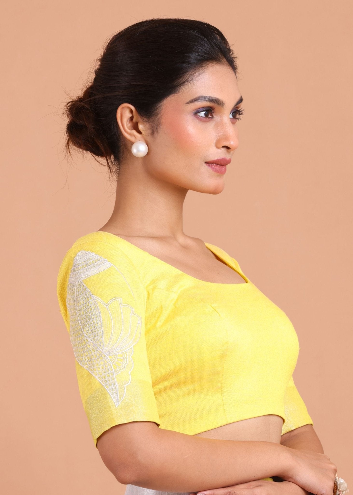White Linen Saree with Yellow Border and Embroidery Work - Anvi Couture