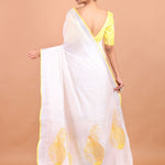 White Linen Saree with Yellow Border and Embroidery Work Back View