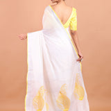 White Linen Saree with Yellow Border and Embroidery Work Back View